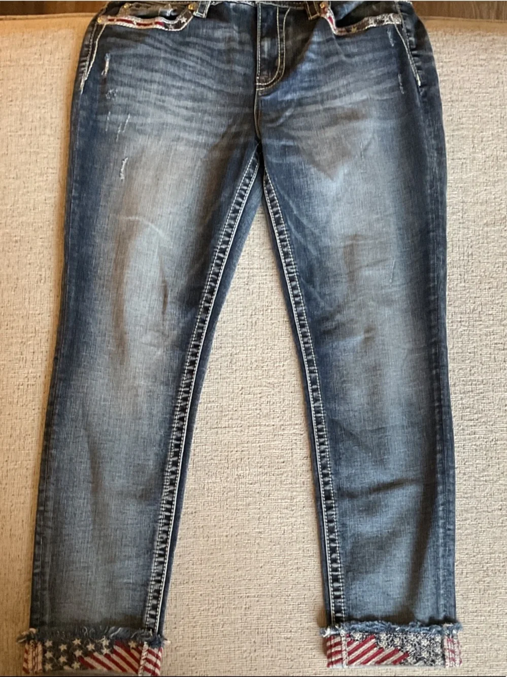 Miss Me Ankle Skinny Embellished USA Red White Blue Bling Jeans 32 Patriotic - Picture 11 of 13